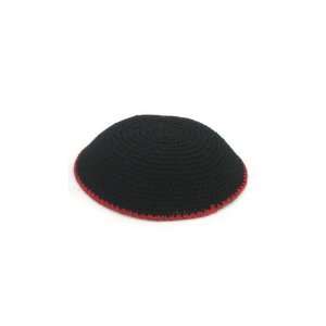   Jet Black Knitted Kippah with Scarlet Red Edging 