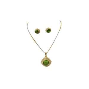  3 Pc Victorian Style Jewelry Studded with Green Crystal 