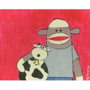  Sock Monkey and Cow #43 Childrens Room Pop Art by Brenda 