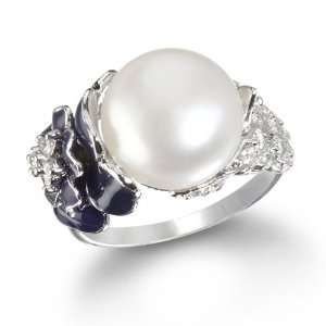  Fabulous Pearl and Dark Purple Rose Enamel Ring CHELINE Jewelry