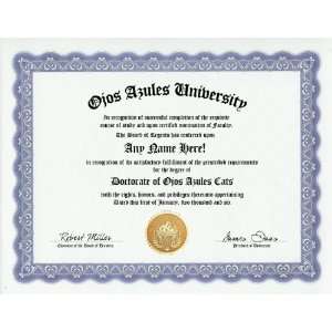 Ojos Azules Cat Degree Custom Gag Diploma Doctorate Certificate 