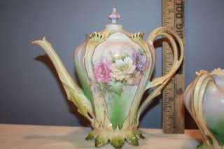 Prussia unsigned 3 pc. Footed Floral Tea Set Gorgeous Colors  