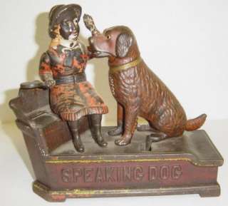 Antique SPEAKING DOG Cast Iron Mechanical Toy Bank 1885  