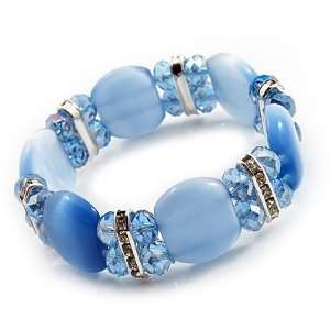  Light Blue Cat Eye Glass Bead Flex Bracelet  18cm Length 