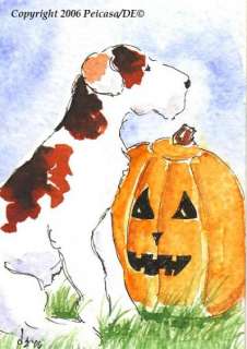 ACEO PRINT Halloween Wire Fox Terrier Pumpkin Dog Art  