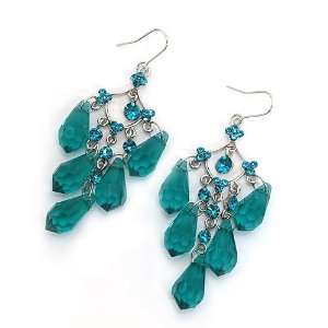 Dangle Earrings ; 3 Drop; Silver Metal; Sea Green Gemstones; Sea 