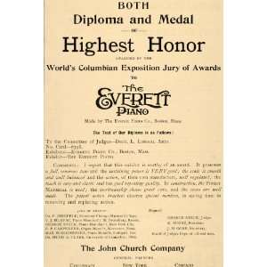 1893 Ad John Church Everett Piano Musical Instruments Columbian 
