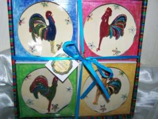 ROOSTERS COLORFULL CHICKENS KITCHEN WALL ART SET OF 4 PICTURES NEW 