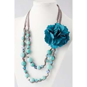  Turquoise Beaded Double Layer Ribbon Weave Flower Necklace 