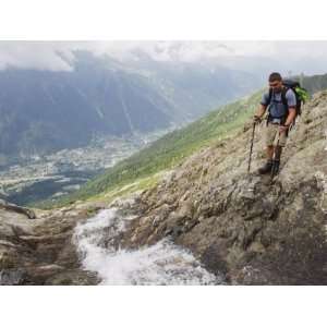  Hiker Crossing a Stream Above Chamonix Valley, Rhone Alps 