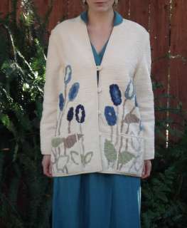Annikki Karvinen Cream & Blue Floral Tapestry Toggle Jacket/ Handmade 