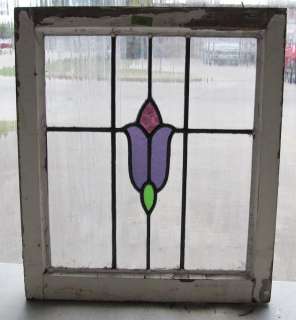 Pair of Antique Stained Glass Windows Purple Tulips  