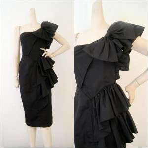   Ultimate 80s Black Ruffled Asymmetrical Party Dress Gown S XS  