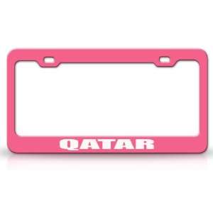 QATAR Country Steel Auto License Plate Frame Tag Holder, Pink/White