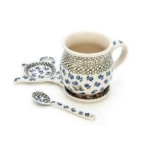  Polish Pottery Blue Rose Mug & Saucer Gift Set Kitchen 