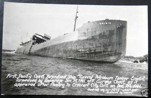 Crescent City CA~1941 Torpedoed Ship~EMIDIO ~A RAY RPPC  