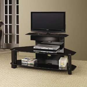  Three Tier TV Console with Black Glass Shelves in Black 