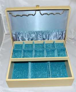   Creamy Yellow Jewelry Box w/ Aqua Velvet & Pale Blue Inside  