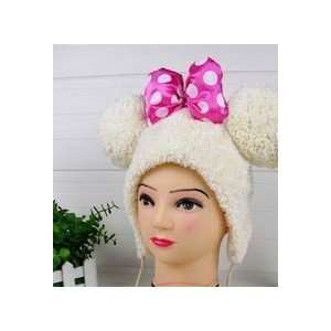    Cute Cream Fleece Mouse Hat with Pom Poms (Pink Bow) Toys & Games