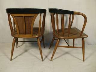 Pair Mid Century Modern Walnut/Cane/Leather Armchairs (0129)r.  