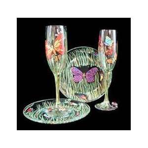 Butterfly Meadow Design   Hand Painted   Toasting Flutes   6 oz. & 7 