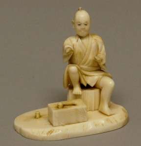 19th C Japanese Carved Ox Bone Okimono Figure   Seated Man  