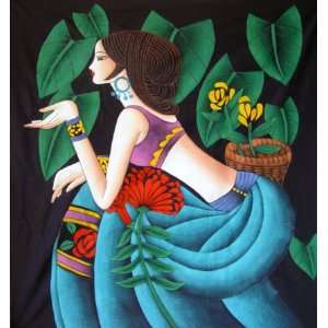  Chinese Art Hand Batik Tapestry Flower Girl Wall Decor 