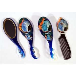 Handpainted Bluewave Tropical Fish Hair Brush Mirrow Comb Set (Set Of 