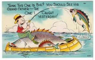 Y4576 Exaggeration Postcard, giant fish, motor boat on PopScreen