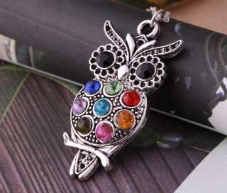 retro colorized crystal and antique silver owl necklace pendant  