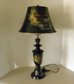   Oriental Asian Anodized Metal Scene Lamp with Metal Shade  