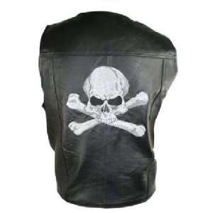  Mens Black Skull and Bones Embroidered Leather Biker Vest 
