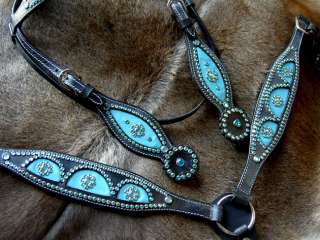 HORSE BRIDLE WESTERN LEATHER HEADSTALL BREAST COLLAR TURQUOISE BLING 