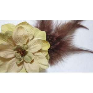  Fall Tan Brown Delphinium Flower Hair Clip with Feathers 