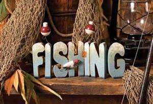 Hinged Word  FISHING  w/BOBBERS & LURE ~ Fun Fisherman Lodge Decor 