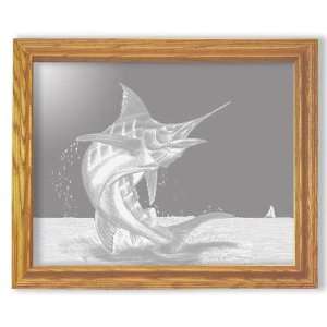  Marlin Fish   Etched Mirror in Solid Oak Frame