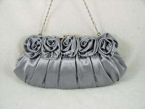 Silver Gray Roses Pleated Wedding Clutch Rhinestones  
