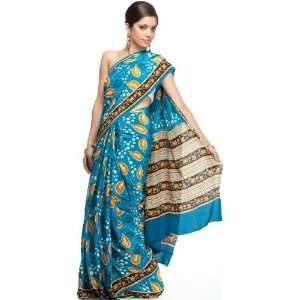  Blue Suryani Sari from Mysore with Printed Leaves   Pure 