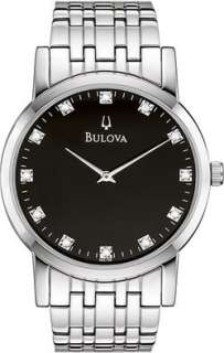 Elegant New Bulova 96D106 Mens Stainless Steel Black Dial Diamond 