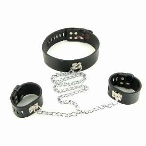  Leather Locking Collar & Wrists Restraints (3 X Cuffs 