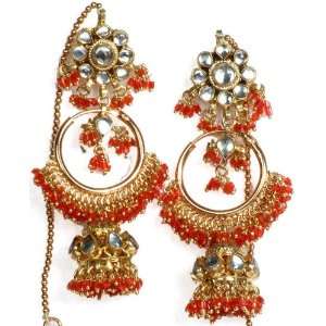  Twin Design Orange Kundan Earwrap Jhumka Earrings   Copper 