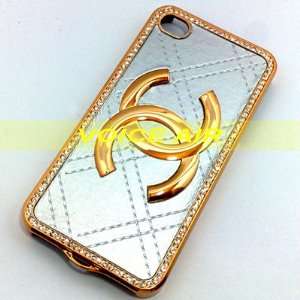  Designer Iphone 4/4s Silver Leather Chanel CC Gold Logo Bling Case 