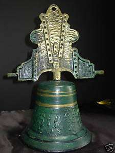 Beautiful Green & Gold Painted Brass Bell Scroll Motif  