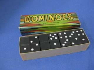 Lot of 28 vtg 40s Wood Dominos + Original Colorful Box  