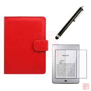 Red Leather Case Cover+Stylus+Screen Protector for  Kindle Touch 