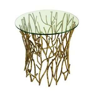  Italian Gold Iron Round Twig Accent Side Table with Glass 