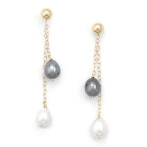    14K Gold Double Chain White and Peacock Pearl Earrings Jewelry