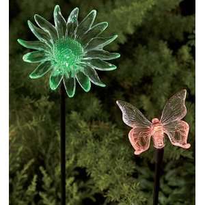  Set of 2 Solar Powered Butterfly and Flower Stakes Patio 