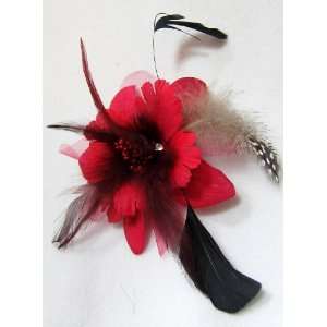 NEW Dark Red Formal Flower with Feathers Hair Clip Pin and Band   3 in 