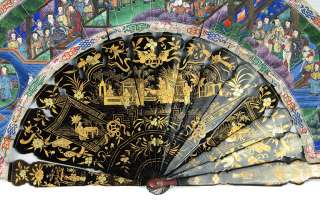 Chinese Antique Elaborately Gilded Fan With People & Animals  
